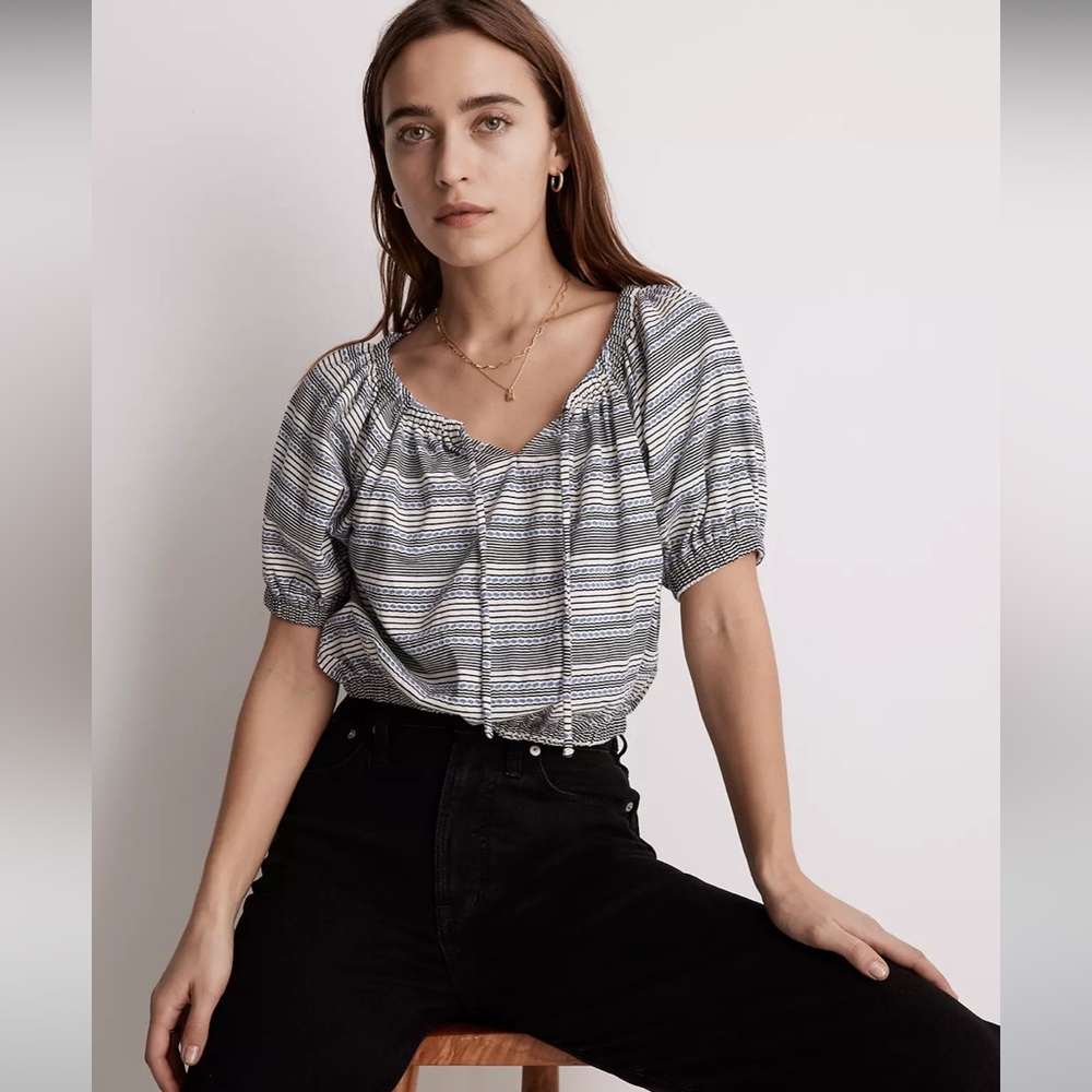 NWT Size XL Madewell Jacquard Keyhole Crop Top in Tranquil Ocean - Picture 2 of 11